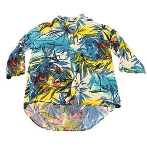 Jams World Button Up Shirt Womens M Blue Yellow Tropical Palm Rayon W644-HAWI